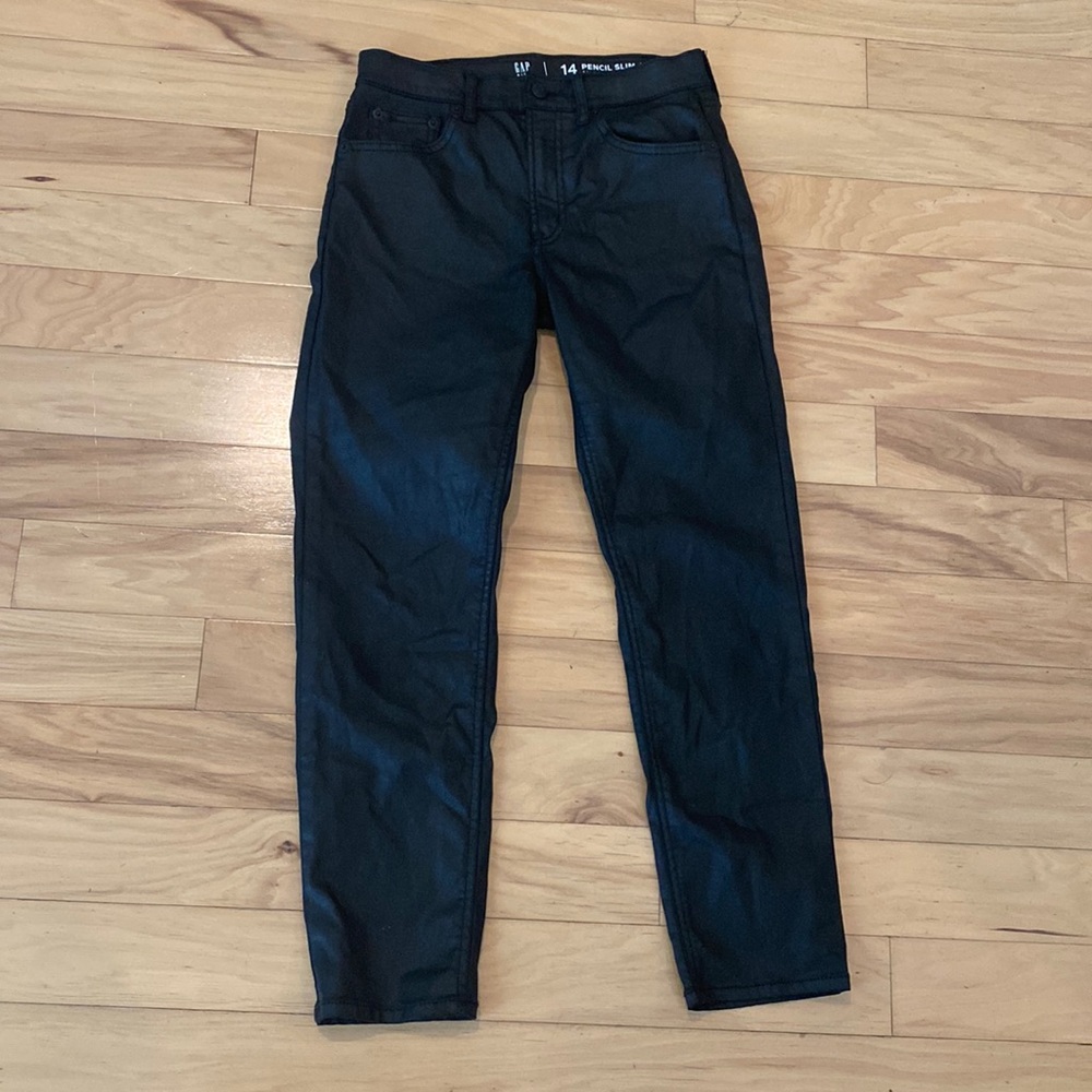 Gap pencil slim ankle high rise black jeans w/ a sheen, appears like leather XL